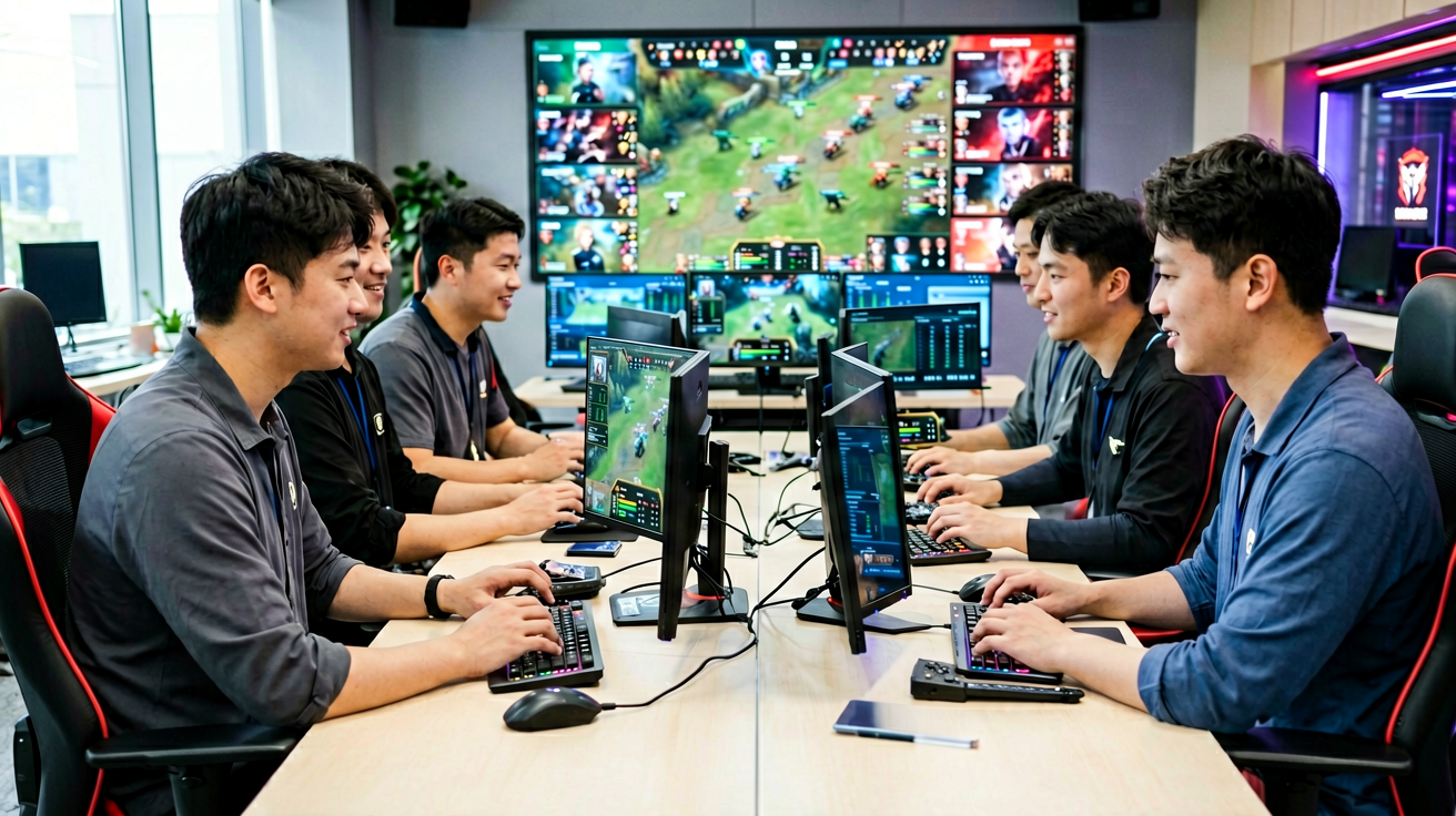 策略类电竞游戏对战画面，选手进行战术布局与资源运营