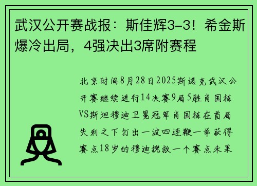 武汉公开赛战报：斯佳辉3-3！希金斯爆冷出局，4强决出3席附赛程